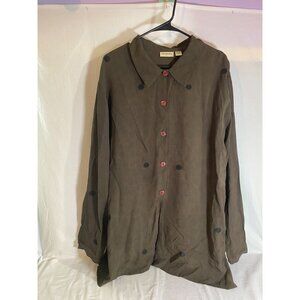 Putumayo Women's Large Green Collard button Up Shirt w open to Hem Long Sleeve